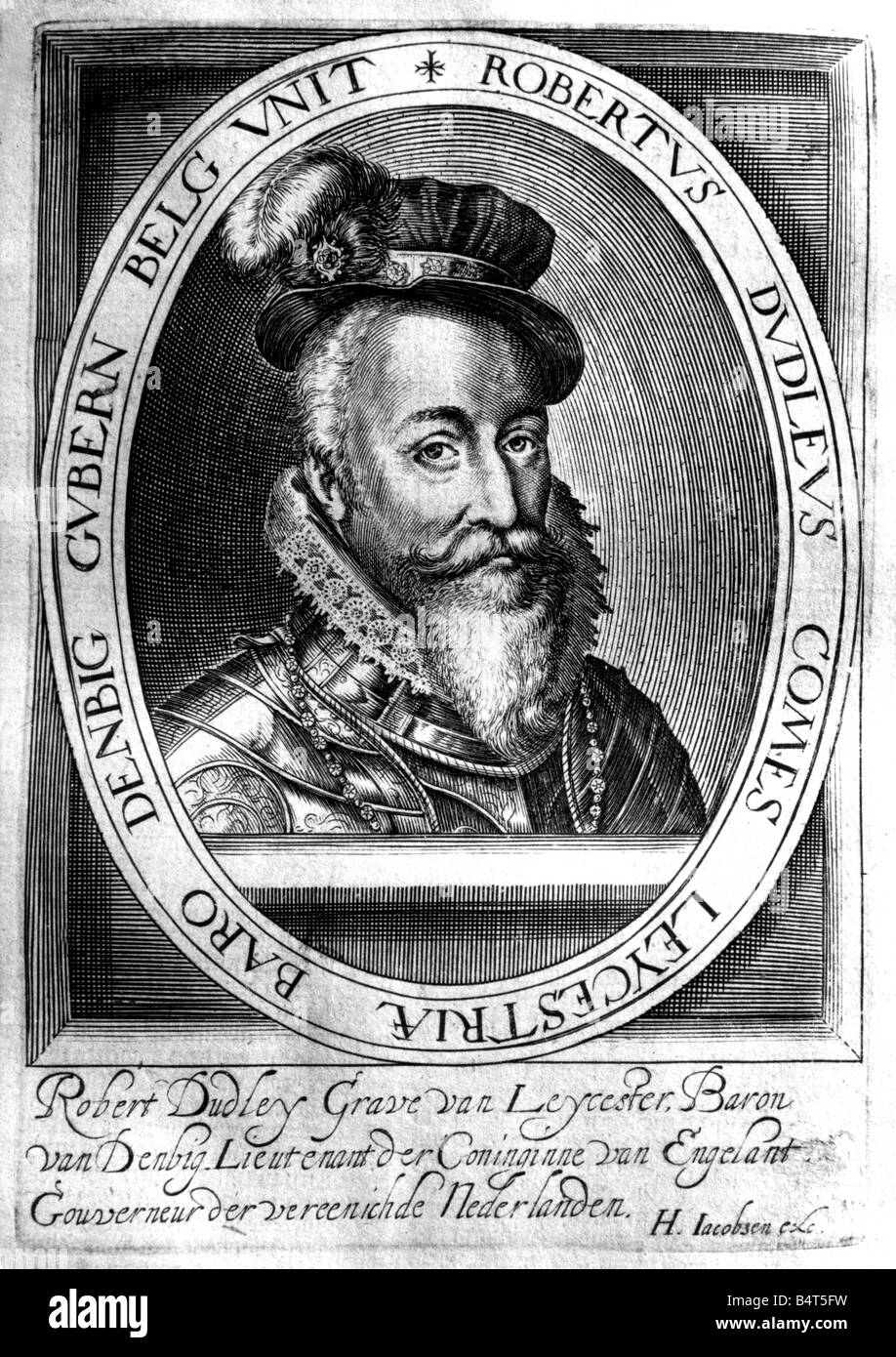 Dudley, Robert, 1. Earl oder Leicester, 24.6.1532 - 4. 9.1588, englischer Politiker, Porträt, Kupferstich von H. Jacobsen, 1585, Artist's Urheberrecht nicht gelöscht werden Stockfoto