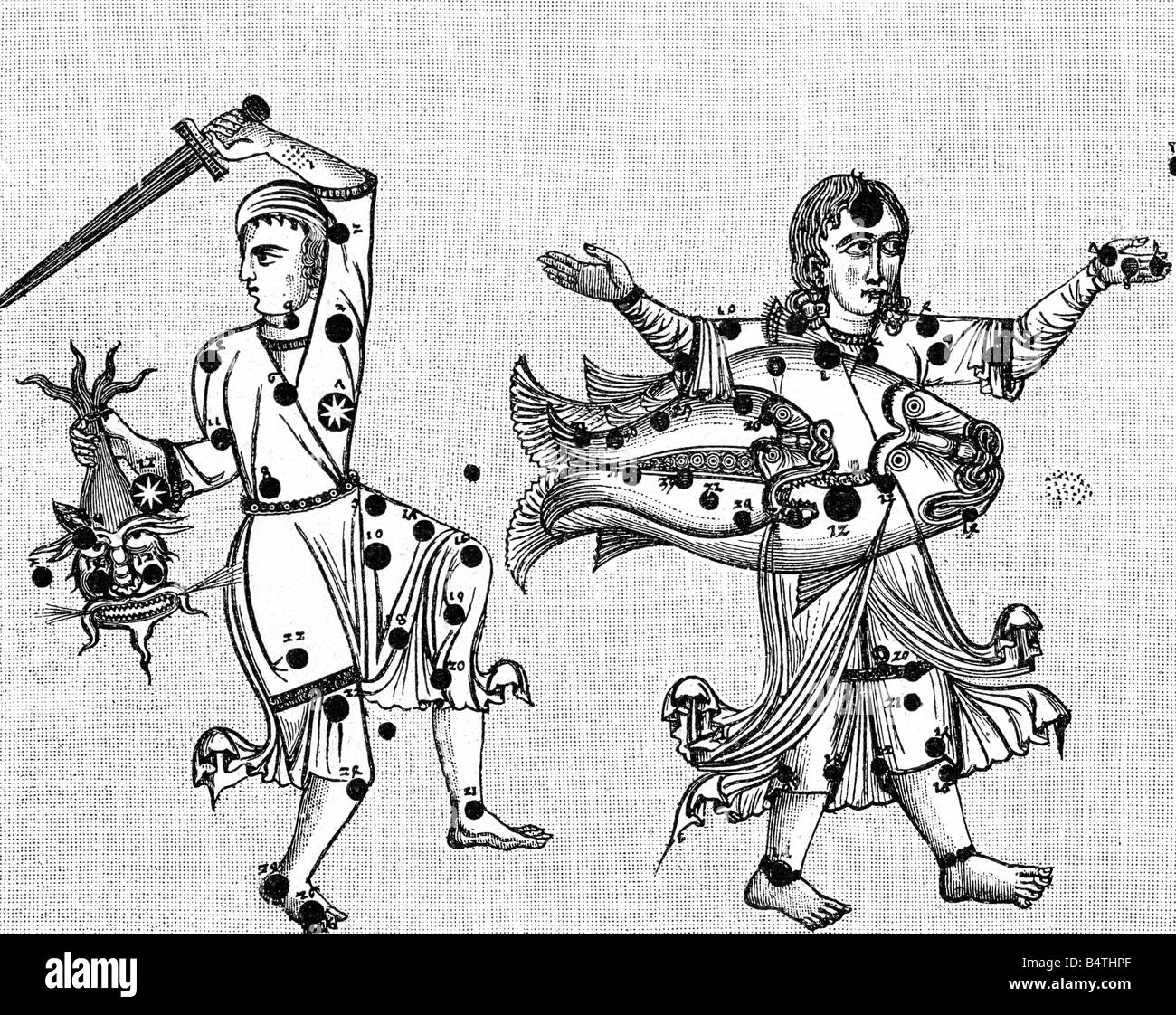 Astromomie, Sternbilder, Andromeda und Perseus, Miniatur, "Liber de locis stellarum fixarum", 14. Jahrhundert, Bibliothek des Arsenals, Paris, Stockfoto