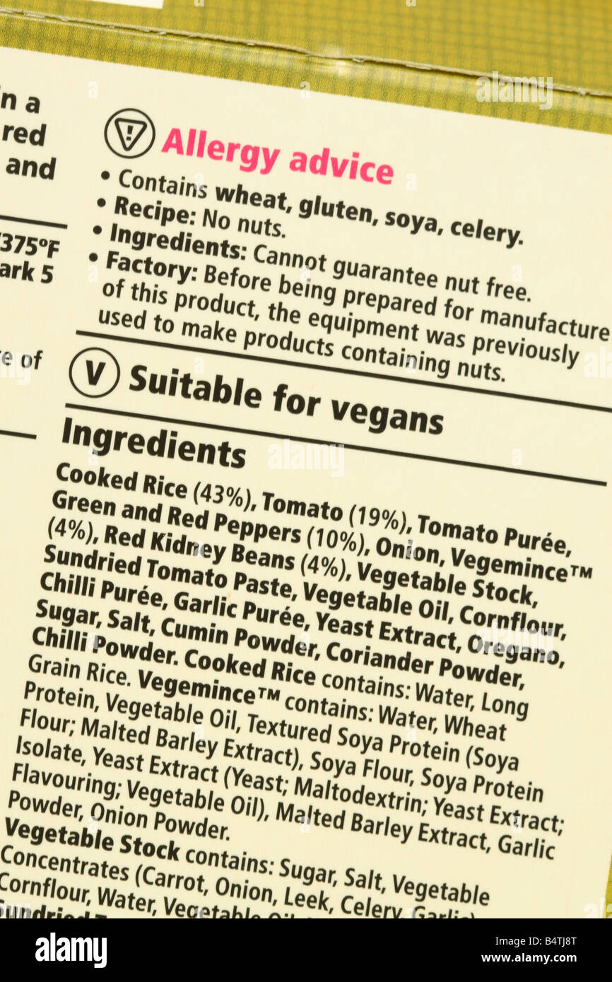 Lebensmittel Allergie Verpackung Inhalt Produktetikett mit Beratung Warnung Weizen Gluten Soja Sellerie Zutaten Stockfoto