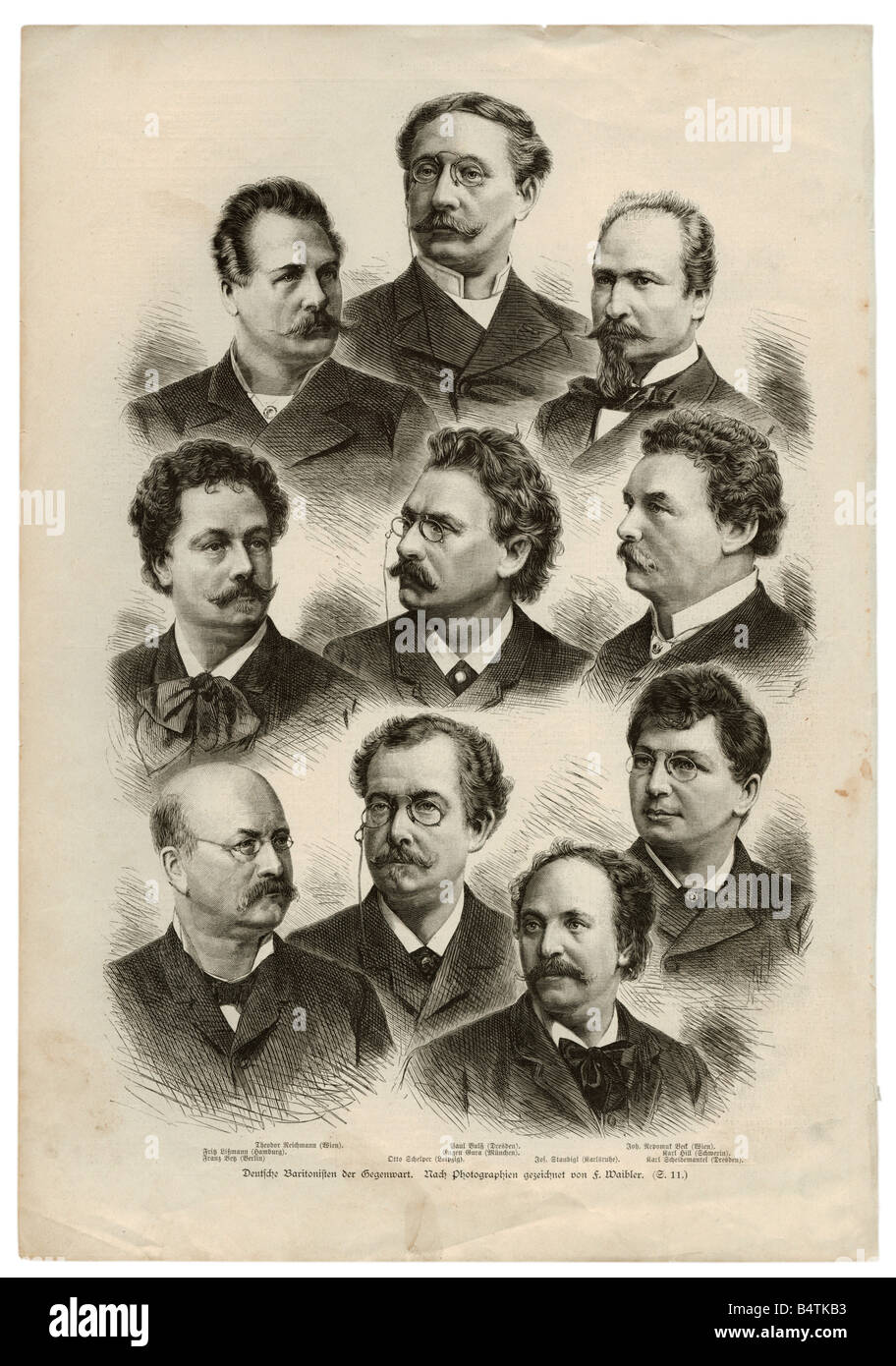 Sammelpapier, "deutsche Baritone der Gegenwart", Gravur nach Fotografie von F. Waibler, 19. Jahrhundert, Stockfoto