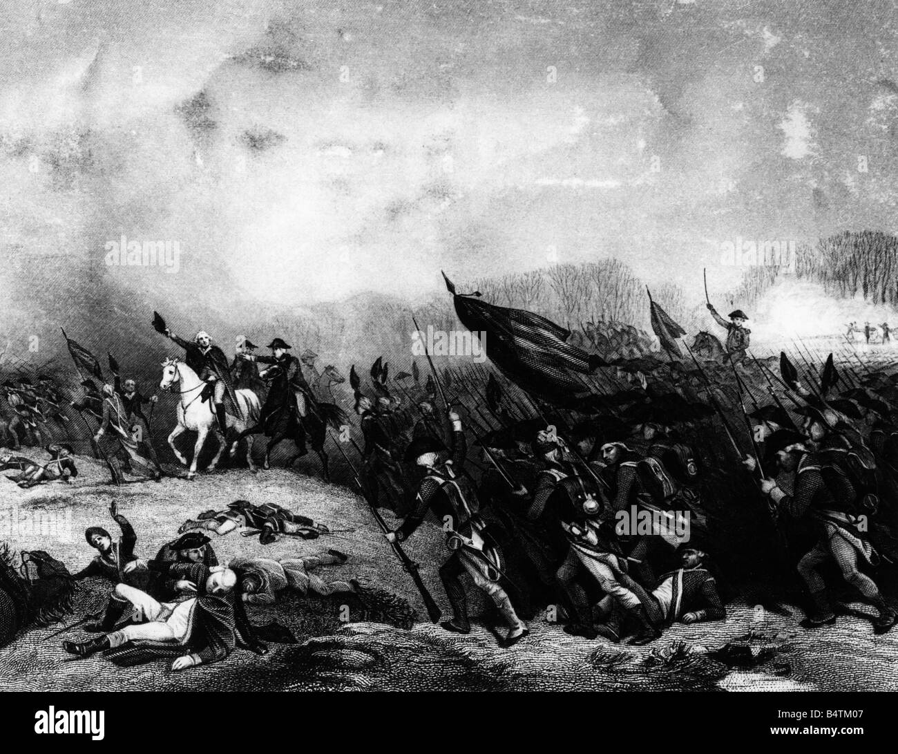 Ereignisse, amerikanischer revolutionärer Krieg 1775 - 1783, Schlacht von Princeton, New Jersey, 3.1.77.704, Holzgravur nach Anstrich von Alonso Chappel, 19. Jahrhundert, General George Washington, Amerikaner, kontinentale Armee, USA, Winter, 18. Jahrhundert, Revolution, historisch, historisch, Menschen, Stockfoto