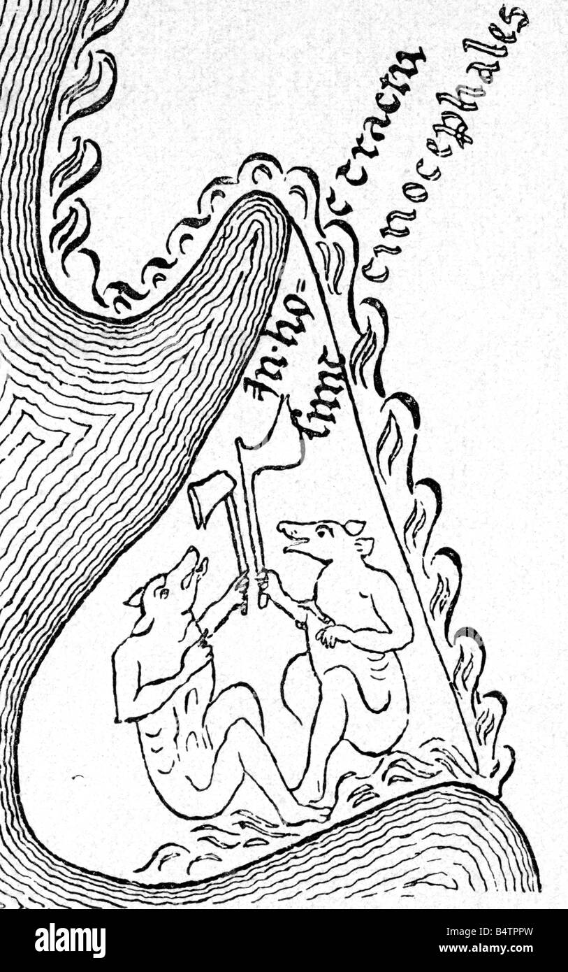 Aberglaube, Fabelwesen, Hundekopfmann, Hereford Mappa Mundi, Ende des 13. Jahrhunderts, Stockfoto