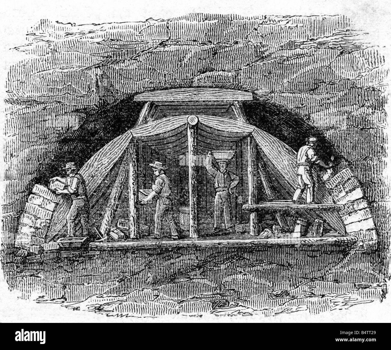 Architektur, Tunnel, Bau eines Eisenbahntunnels, Wölbung des Gewölbes, Holzgravur, Deutschland, 1860, Stockfoto