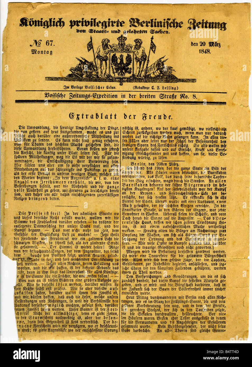 Presse / Medien, Zeitschriften / Zeitschriften, "Koeniglich privilegierte Berliner Zeitung", Nummer 67, Berlin, 20.4.1848, Titel, Stockfoto