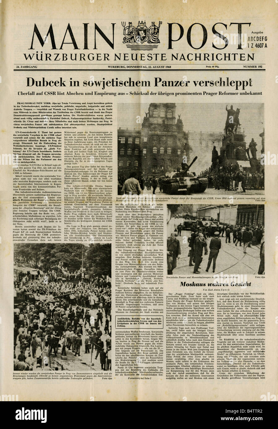 Presse/Medien, Zeitschriften, 'Main - Post', Würzburg, 24 Band, Nummer 192, Donnerstag 22.8.1968, Titel, Entführung von Dubcek in sowjetischen Panzer, Stockfoto