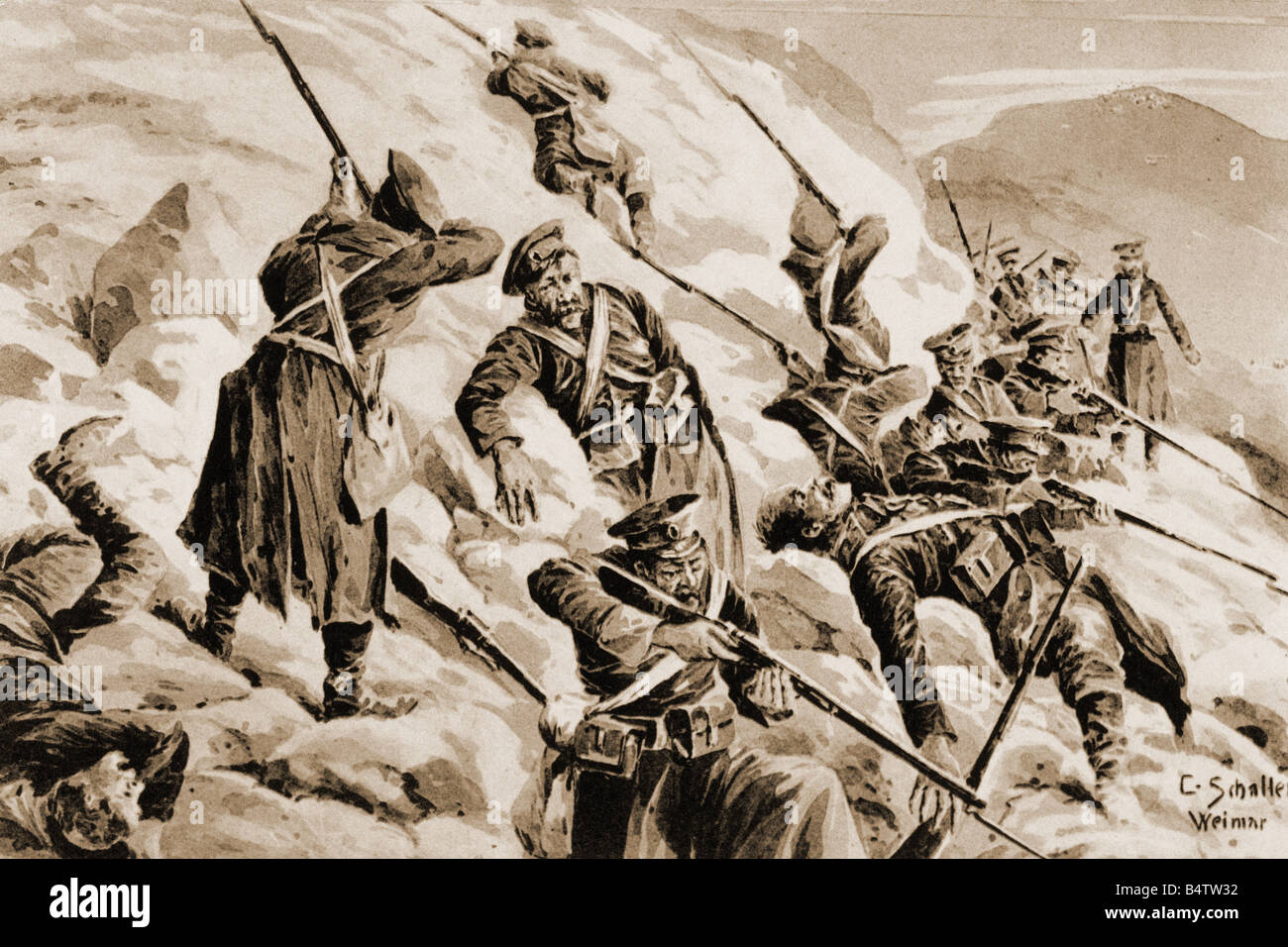 Ereignisse, Erster Weltkrieg/erster Weltkrieg, Ostfront, "Eingeschloss russische Abteilung in den Karpathen", aus der Serie "der Drossenkrieg 1914 / 1915" (Der Große Krieg 1914 / 1915), Postkarte, nach einer Zeichnung von C. Schalter, Weimar, Deutschland, ca. Stockfoto