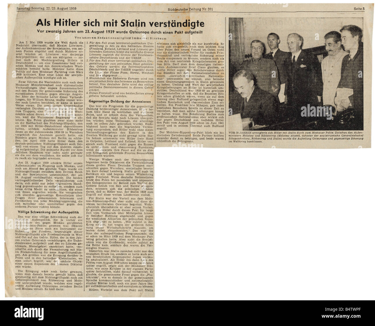 Presse/Medien, Zeitschriften, "Süddeutsche Zeitung", München, 15 Band, Nummer 201, Samstag/Sonntag 22. / 23.8.1959, Artikel, Jahrestag des Molotow-Ribbentrop-Pakts, historisch, historisch, Zeitschrift, Zeitung, Zeitungen, Deutschland, Politik, Sowjetunion, UdSSR, 20-jähriges Jubiläum, deutscher Soviet Pakt der Nichtangriffung, Hitler-Stalin-Pakt, 2. Weltkrieg, 2. Weltkrieg, 2., Vyacheslav Molotow, 9.3.1890 - 8.11.1986, Außenminister von 1939 - 16.10.1956, 15.10.1956, 15.10.1956, 15.10.1956 Außenminister 1938 - 1945, Josef Stalin, 18.12.1878 - 5.3.1953, Gen, Stockfoto