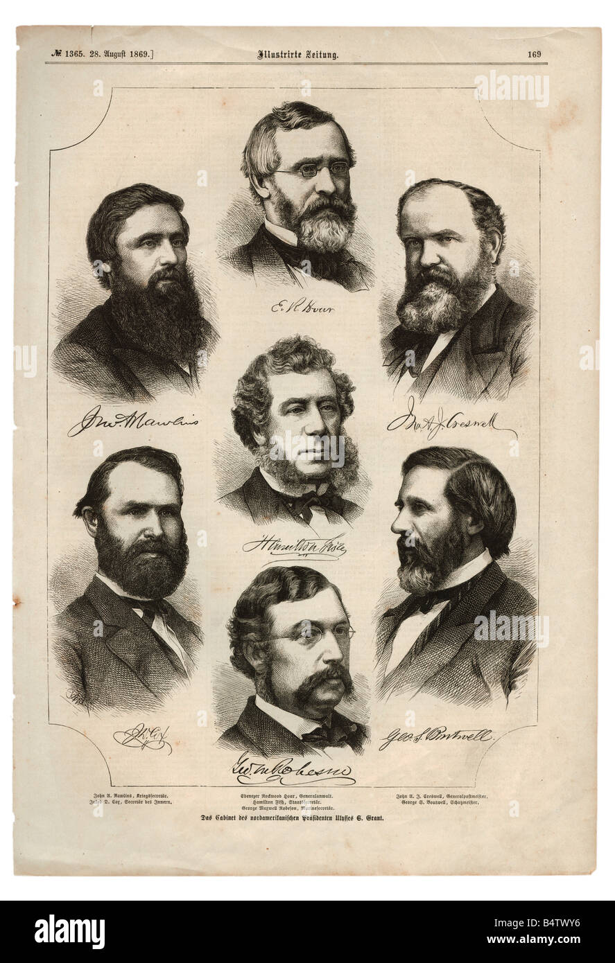 Geografie/Reisen, USA, Politik, Regierung, Kabinett von Präsident Ulysses S. Grant: Generalstaatsanwalt Ebenezer R. Hoar, Kriegsminister John A. Rawlins, Postmeister General John Creswell, Staatssekretär Hamilton Fisk, Innenminister Jakob D. Cox, Finanzminister George S. Boutwell und Marinesekretär George M. Robeson, Gravur, "Illustrierte Zeitung", Leipzig, 28.8.1869, Politiker, Republikaner, republikaner, Presse, Deutschland, 19. Jahrhundert, Stockfoto