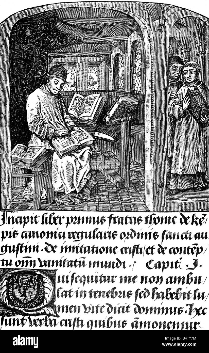 Thomas a Kempis, ca. 1380 - 25.7.1471, deutscher Geistlicher, erste Seite des Kodex Hohendorfianus, Wien, Holzgravur, 19. Jahrhundert, Stockfoto