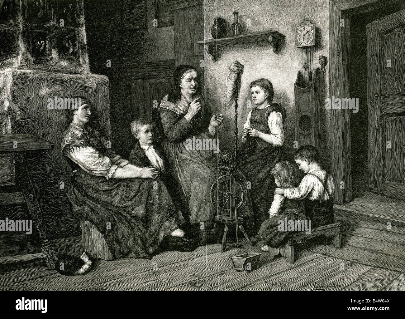 Leute, Familie, Bauernfamilie, Großmutter mit großen Söhnen, die um das Spinnrad sitzen, Holzgravur nach dem Malen von L. Obersteiner, um das Jahr 1880, Stockfoto