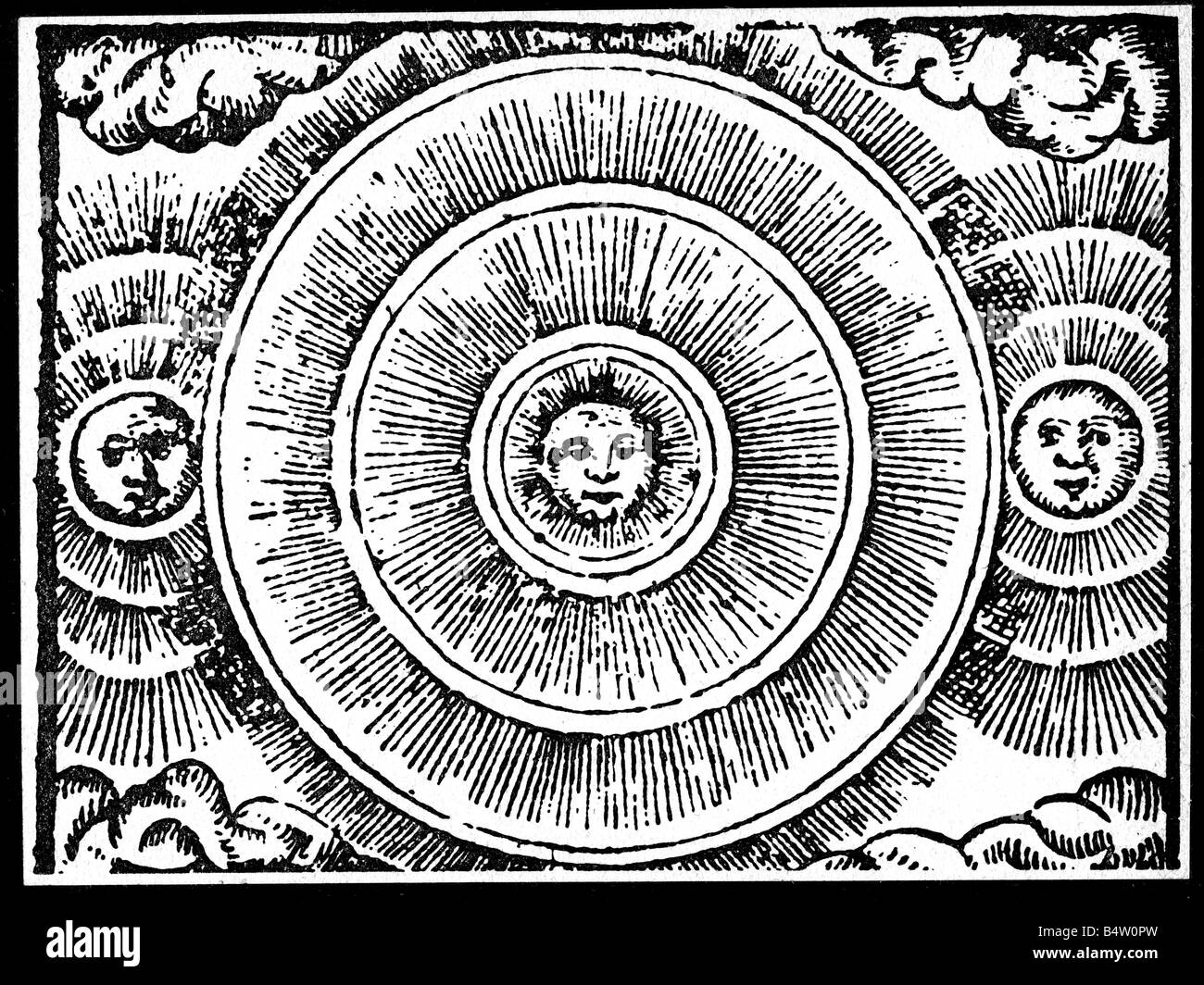 Astronomie, Sonne, Sonnenhunde Holzschnitt, 'Historia de Gentibus Septentrionalibus' von Olaus Magnus, 1555, deutsche Ausgabe, 1567, Stockfoto