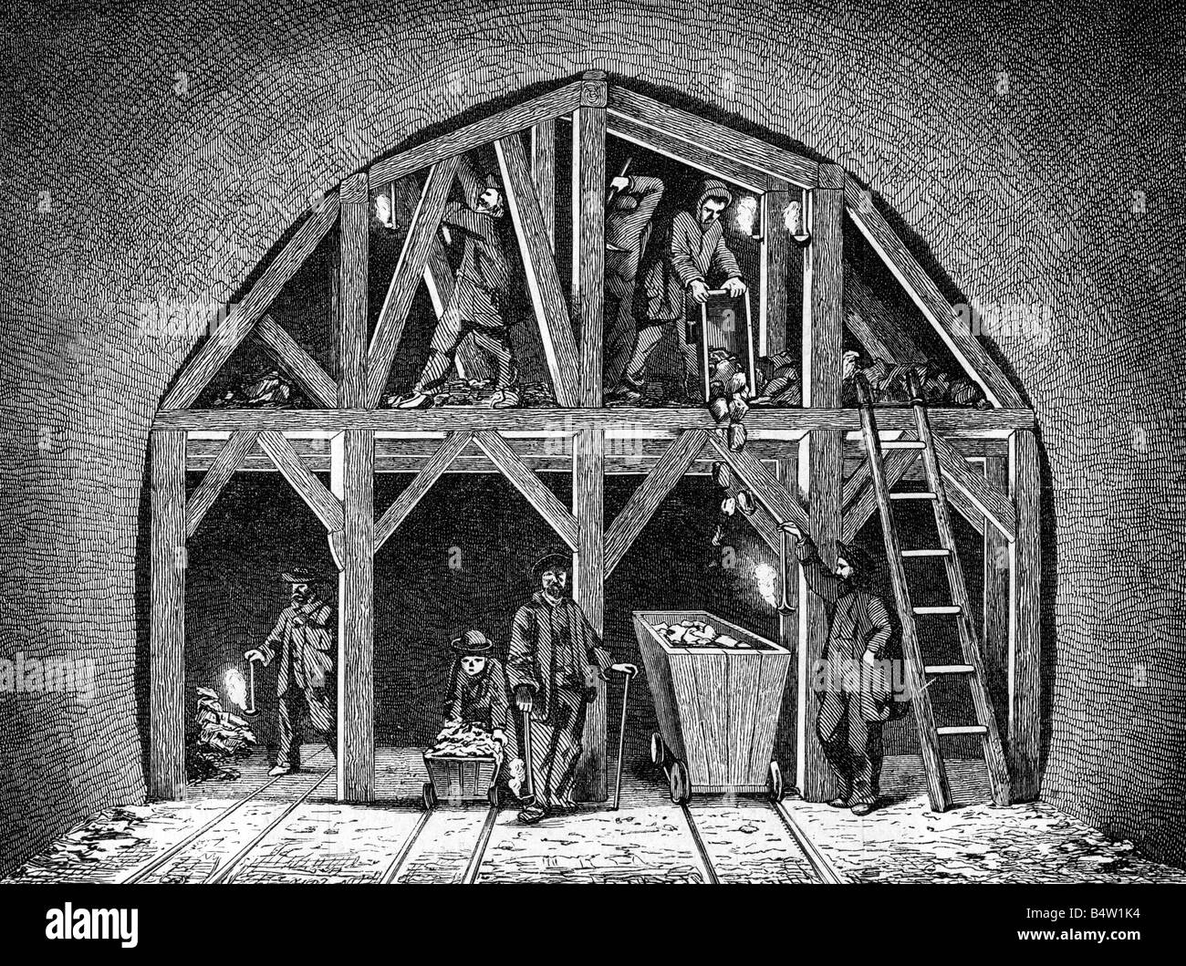 Architektur, Tunnel, Bau des Mont-Cenis-Tunnels, Grabung des Gewölbes, Holzgravur von Poiret, im Jahr 1862, Stockfoto
