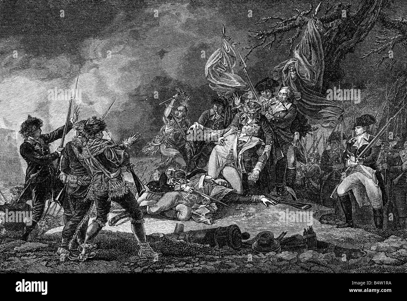 Veranstaltungen, amerikanischen Unabhängigkeitskrieg 1775 - 1783, Schlacht von Quebec, 31.12.1775, Tod von General Richard Montgomery, Kupferstich von J. Clemens, 1795, Amerikaner, Briten, Großbritannien, USA, Kanada, Revolution, 18. Jahrhundert, historische, historische, Personen, Artist's Urheberrecht nicht gelöscht werden Stockfoto