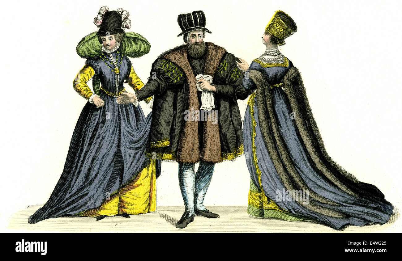 Mode, 16. Jahrhundert, Burgunderin, Leipziger Ratsfrau, Nürnberger Hochzeitskind, Holzgravur, 19. Jahrhundert, Stockfoto