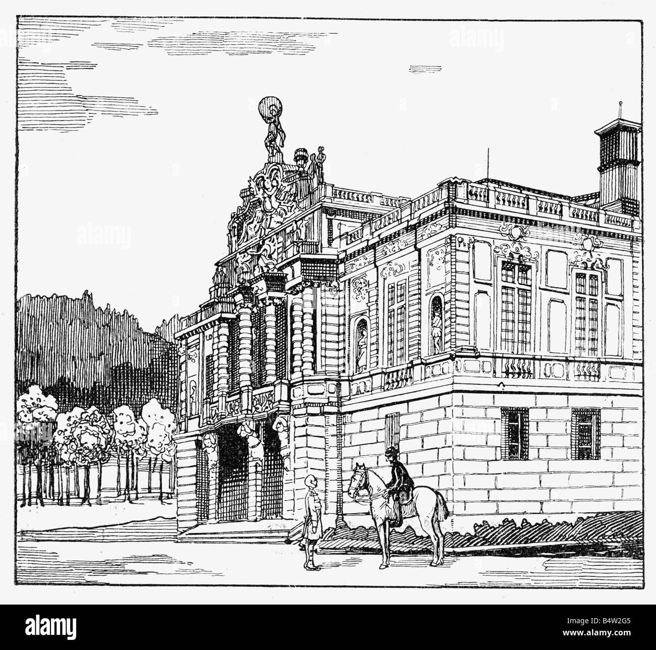 Architektur, Schlösser, Deutschland, Bayern, Schloss Linderhof, erbaut von König Louis II., Außenansicht, Zeichnung, ca. 1890, Stockfoto