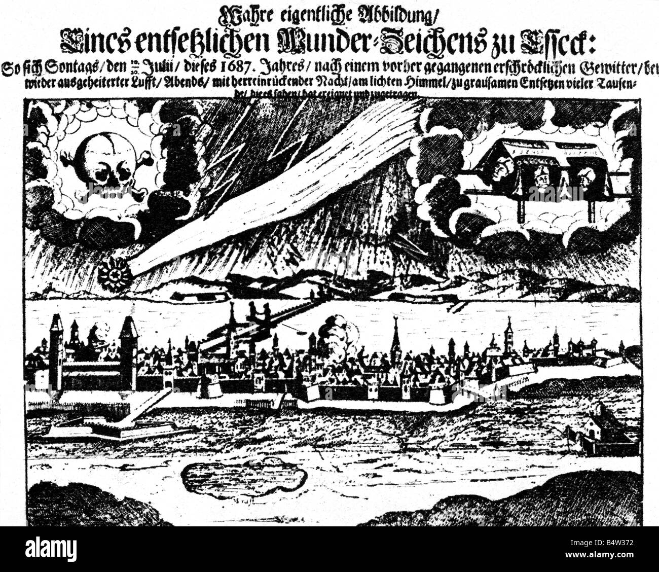 Astronomie, Kometen, Komet als Unglücksgeber, Holzschnitt, 1687, Stockfoto