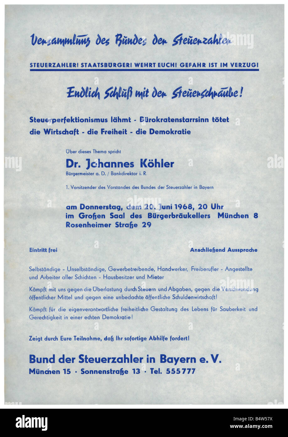 Geografie Reisen Deutschland Politik Steuern Flyer Einladung Zur Erhebung Gegen Steuererhohungen Herausgegeben Vom Bund Der Steuerzahler In Bayern Europa Munchen 7 1968 Stockfotografie Alamy