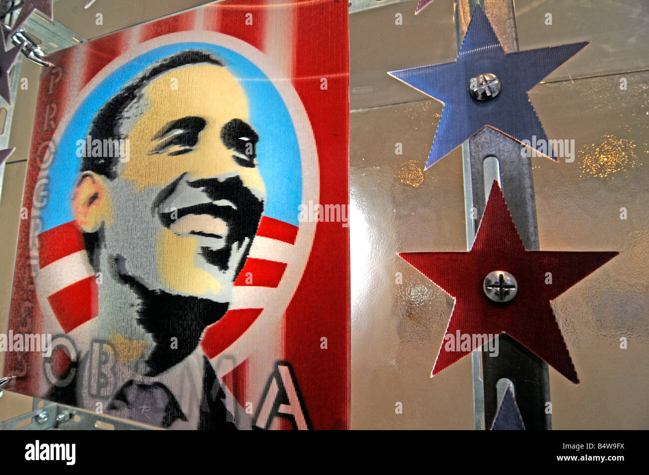 Ein Kunstwerk mit US-demokratischen Kandidaten Barack Obama, gesehen in einer Kunstgalerie in Paris, Frankreich. Stockfoto