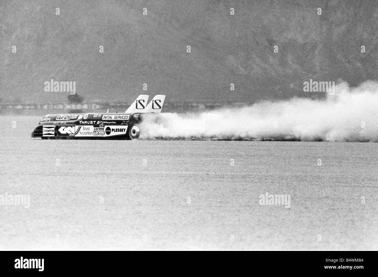 An diesem Tag 4. Oktober 1983 Richard Noble setzt einen neuen Geschwindigkeitsrekord von 633 5 mph in seinem Jet powered Auto Thrust II in Nevada Stockfoto