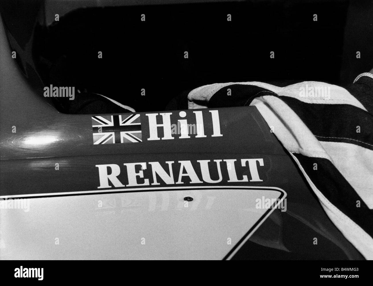 Seitenwand des Damon Hill s Rennwagen mit Union Jack-Flagge aufgemalt und Renault Namen Stockfoto