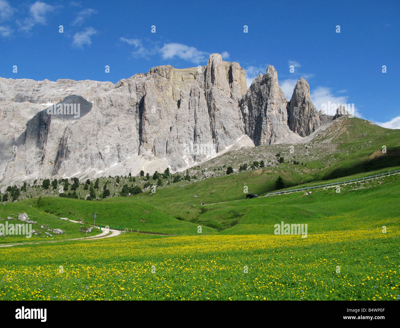 Die Sella-Gruppe in den Dolomiten, vom in der Nähe von Passo Sella, Italien Stockfoto