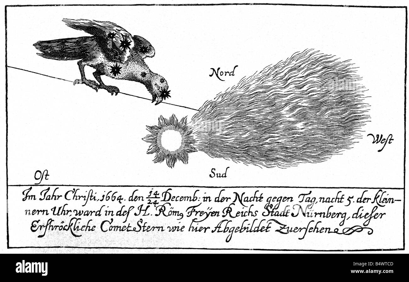 Astronomie, Kometen, Aussehen über Nürnberg, 24.12.1664, Artist's Urheberrecht nicht geklärt zu werden. Stockfoto