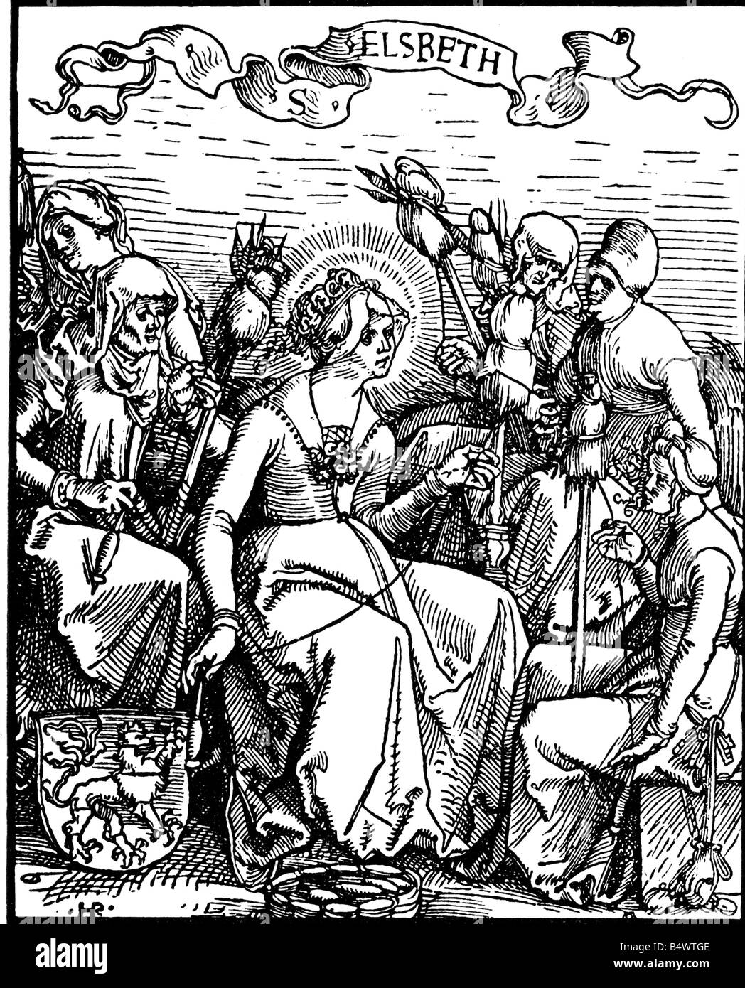 Elisabeth von Ungarn, 1207 - 17.11.1231, Heiliger, Gräfin von Andechs - Meranien, halbe Länge, Spinnerei, Holzschnitt von Hans Burgkmair (1473 - 1531), Stockfoto