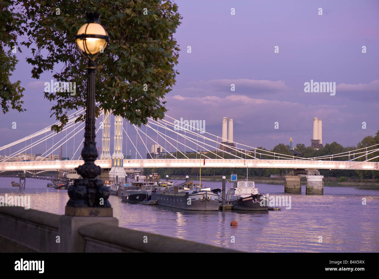 Beleuchtete Albert Brücke aus Chelsea Embankment bei Nacht London Vereinigtes Königreich Stockfoto