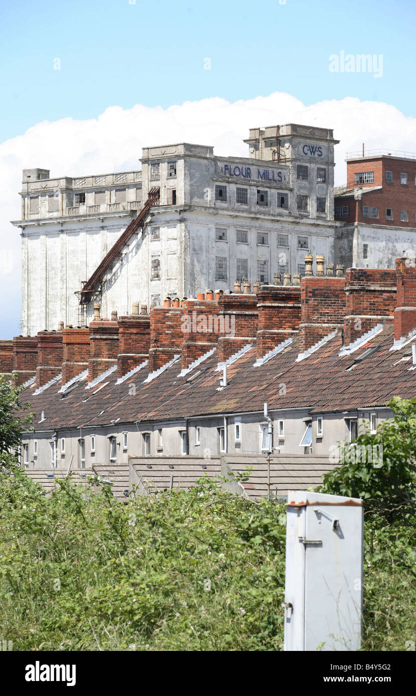 Häuser vor der alten Getreidelagerhaus in Avonmouth docks Stockfoto