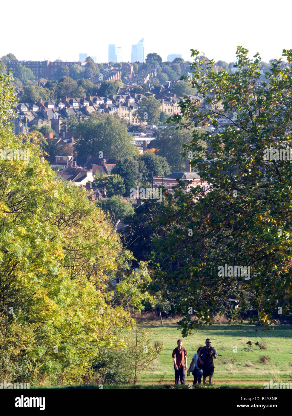 Blick von Alexandra Palace Park mit Blick auf Canary Wharf Stockfoto