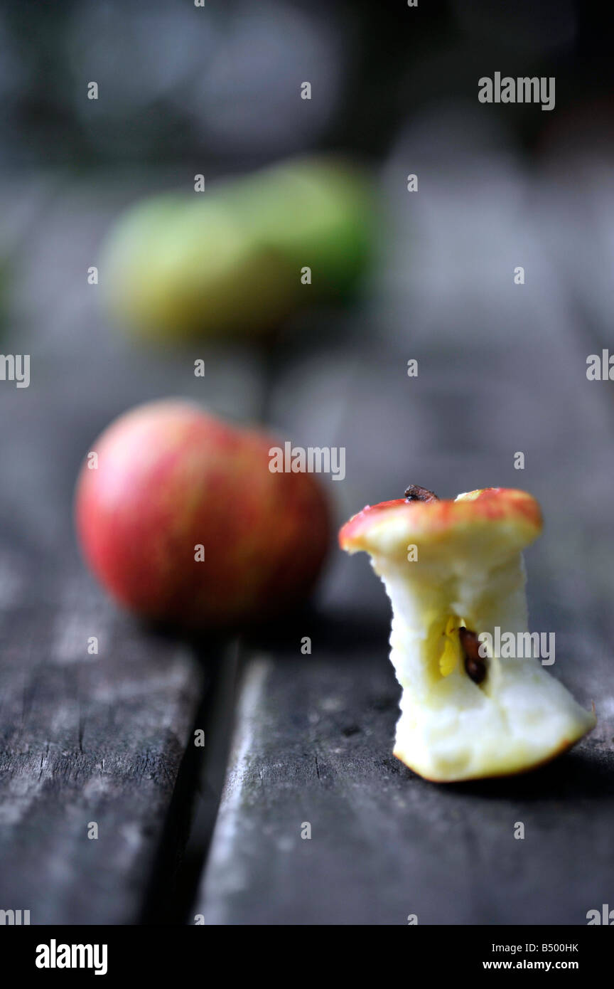 Apfel-Kern auf hölzernen Gartentisch gegenübergestellt gefressenes Äpfel Stockfoto