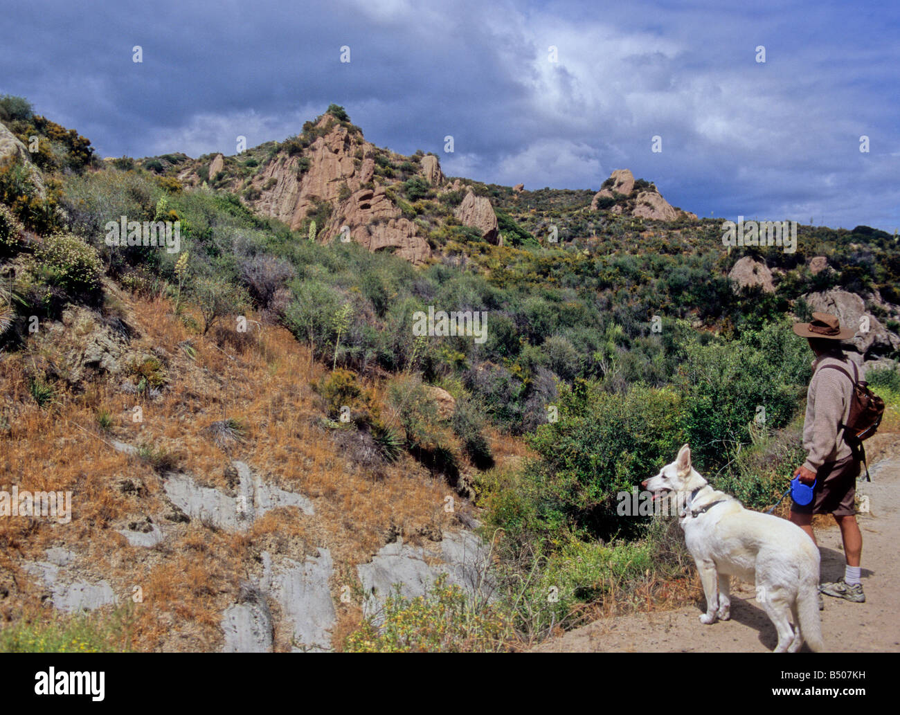 Wanderer und Hund am Red Rock Canyon Park in Topanga, Kalifornien Stockfoto