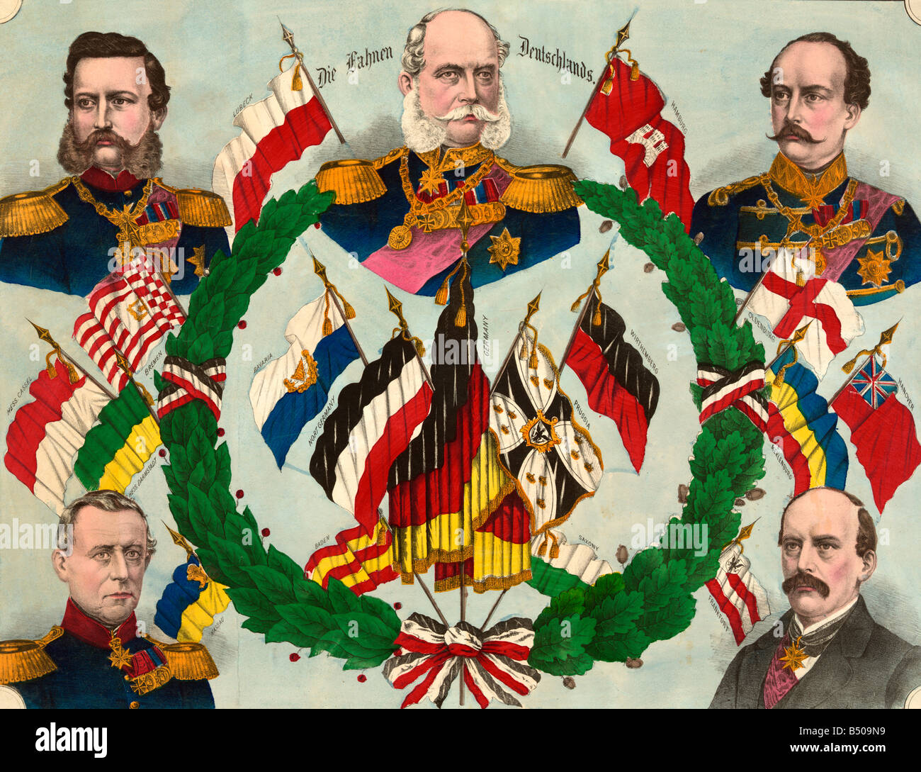 Plakat mit Fahnen von Deutschland um 1870, vor der Vereinigung Stockfoto