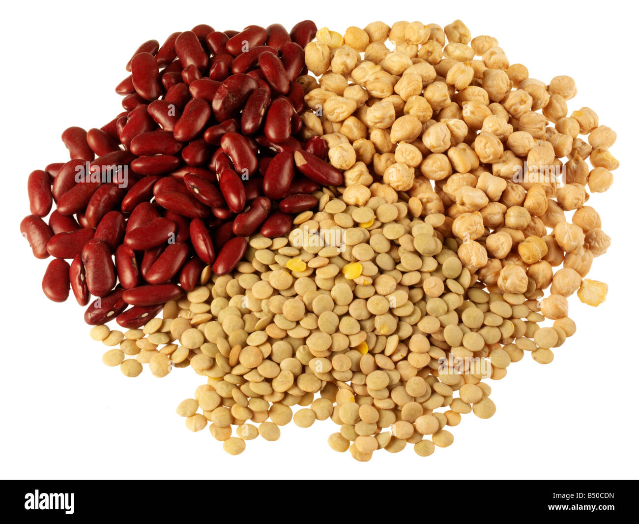 GEMISCHTE HÜLSENFRÜCHTE; GRÜNE LINSEN, ROTE BOHNEN UND KICHERERBSEN Stockfoto