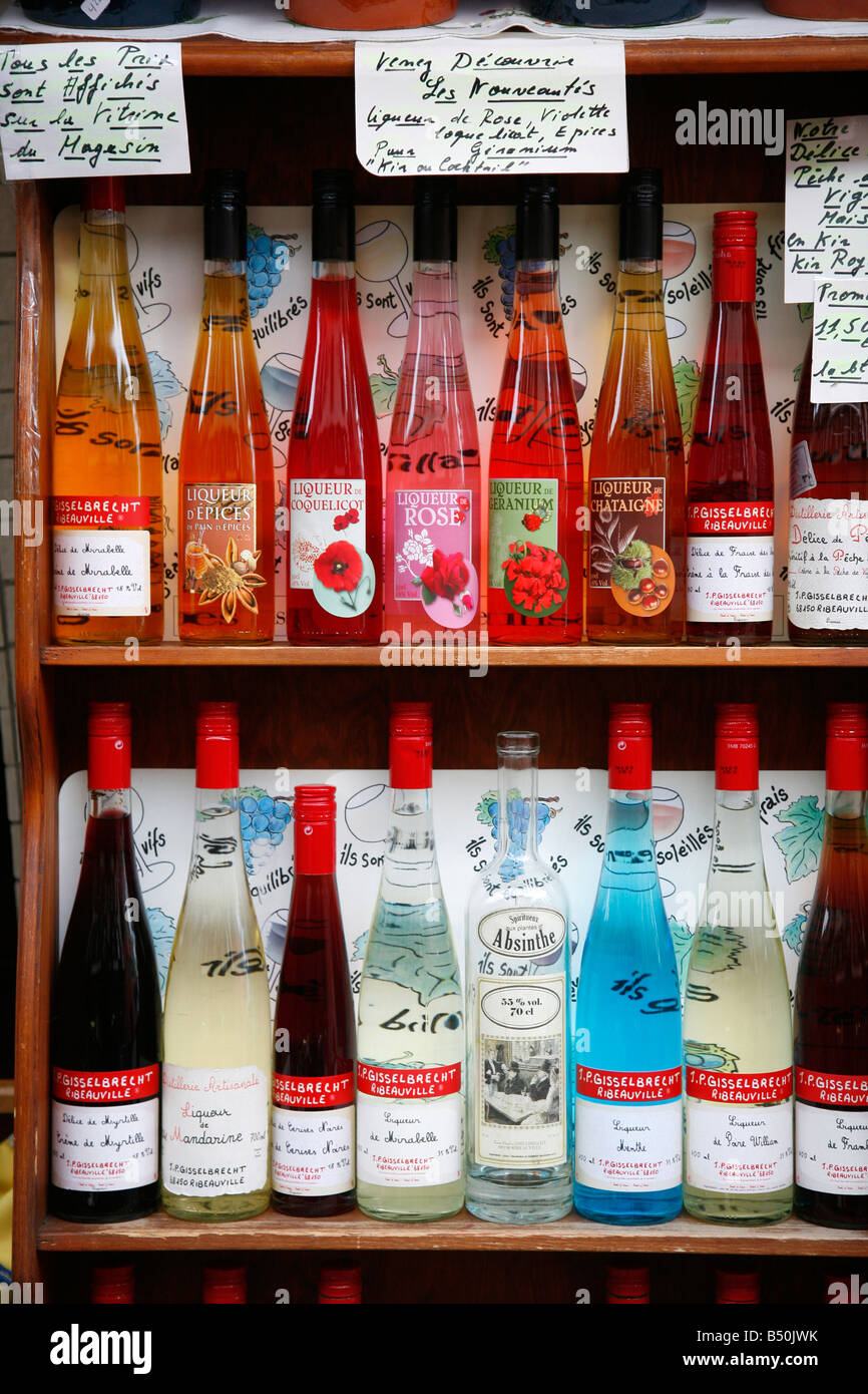 Sep 2008 - Flaschen Alkohol Mittagsmenue Elsass Frankreich Stockfoto