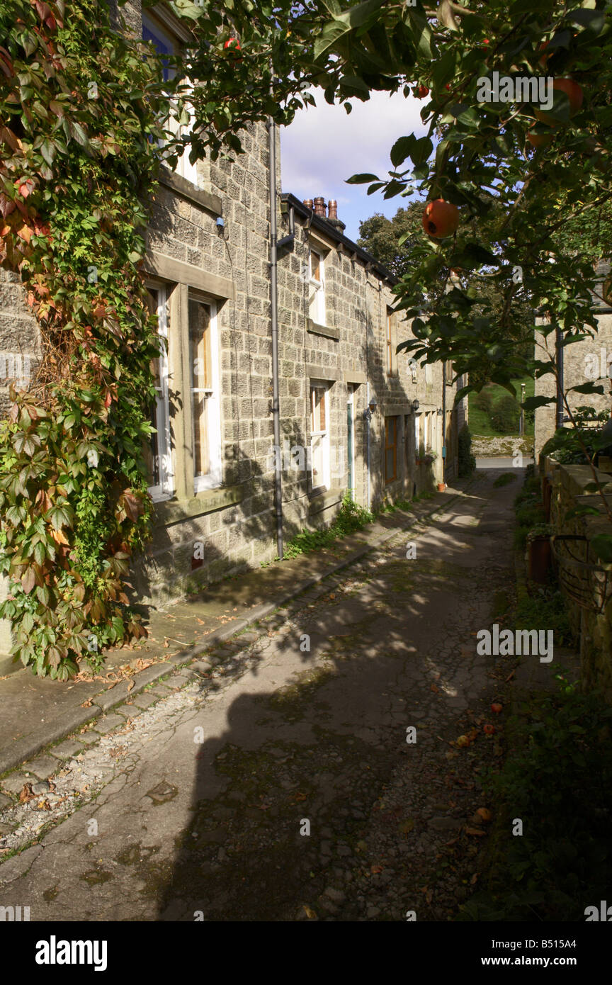 An einem sonnigen Oktobertag, eine Reihe traditioneller, aus Stein gebauter Cottages in Hebden, North Yorkshire Stockfoto