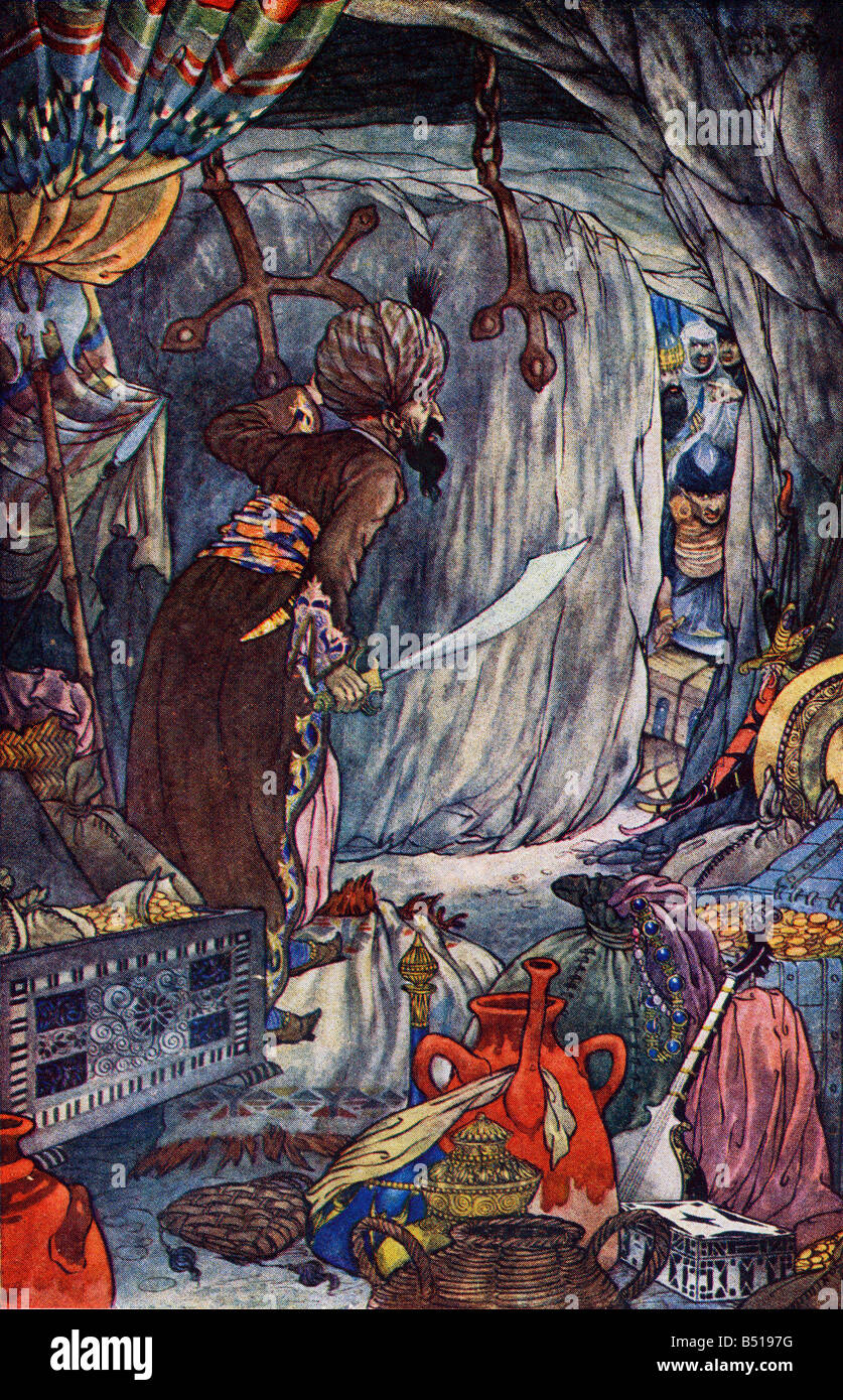 Die Geschichte von Ali Baba und die vierzig Diebe Illustration von Charles Folkard aus dem Buch The Arabian Nights veröffentlicht 1917 Stockfoto
