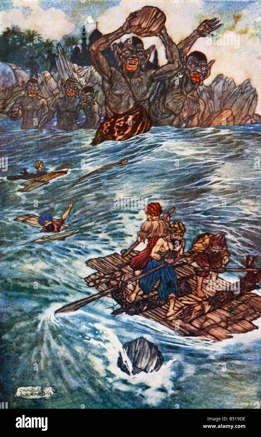 Die dritte Voyage of Sinbad der Seemann-Illustration von Charles Folkard aus dem Buch The Arabian Nights veröffentlicht 1917 Stockfoto