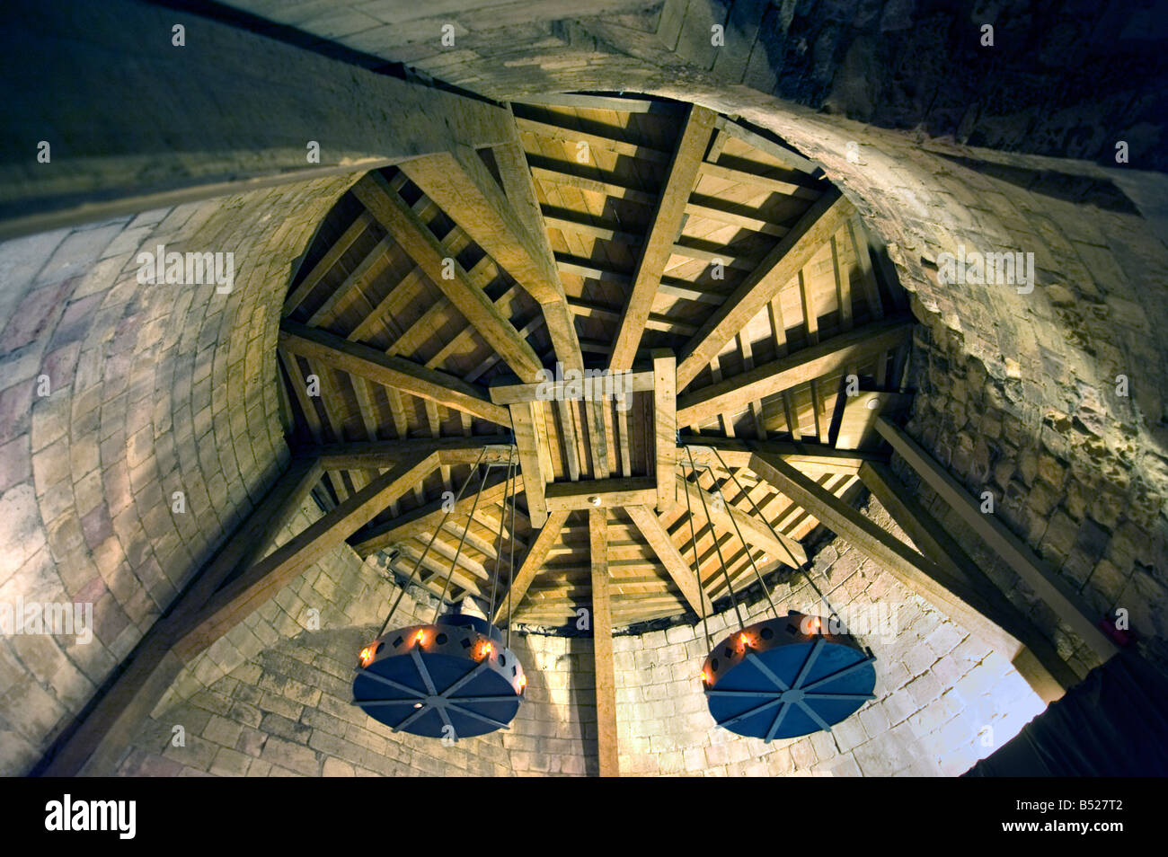 Kreisförmige Holzdecke in Conisbrough Schloß, Doncaster, Süd-Yorkshire, England, "Great Britain" Stockfoto