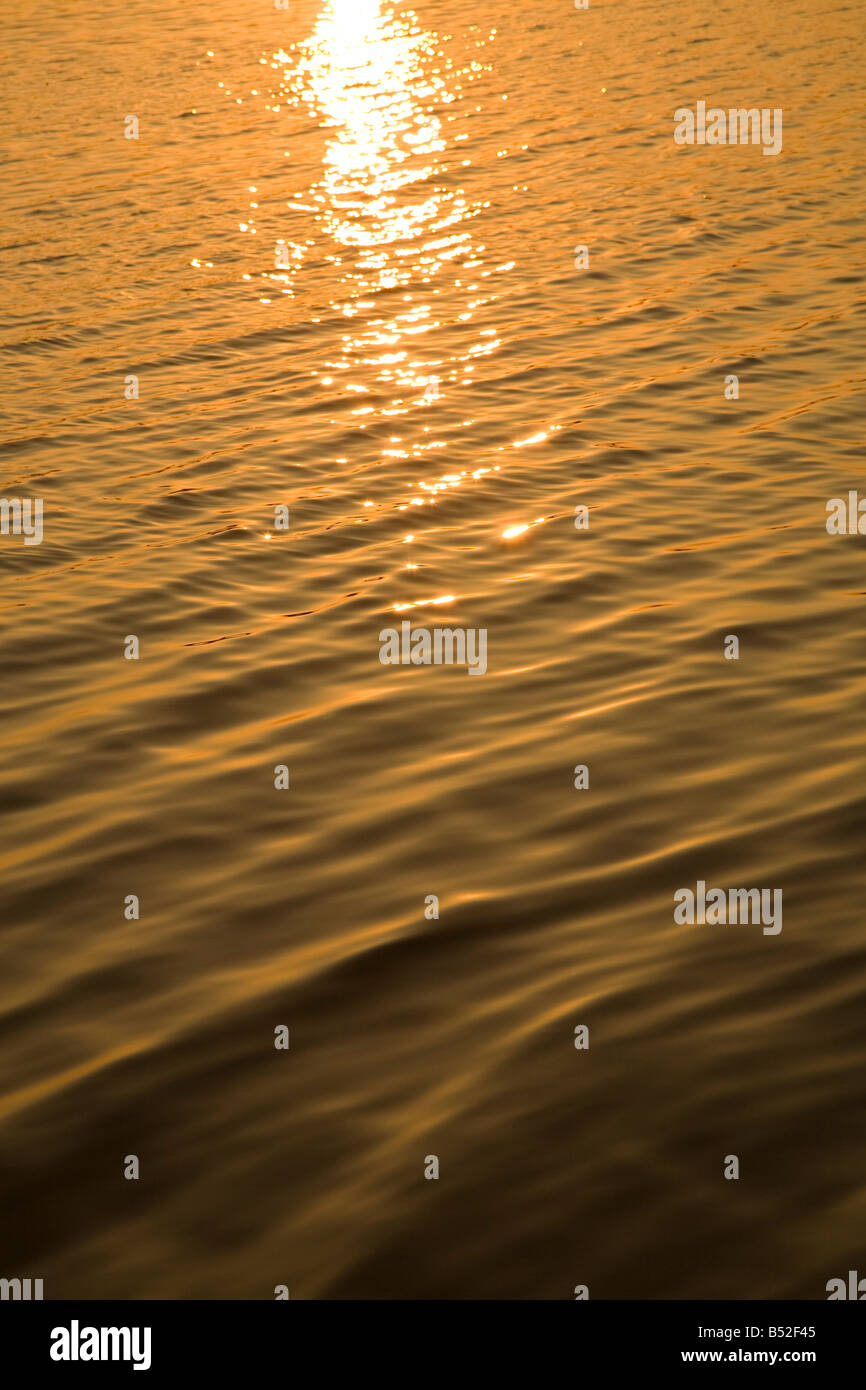 Goldener Sonnenuntergang Gegenwartsgesellschaft auf dem Wasser Stockfoto