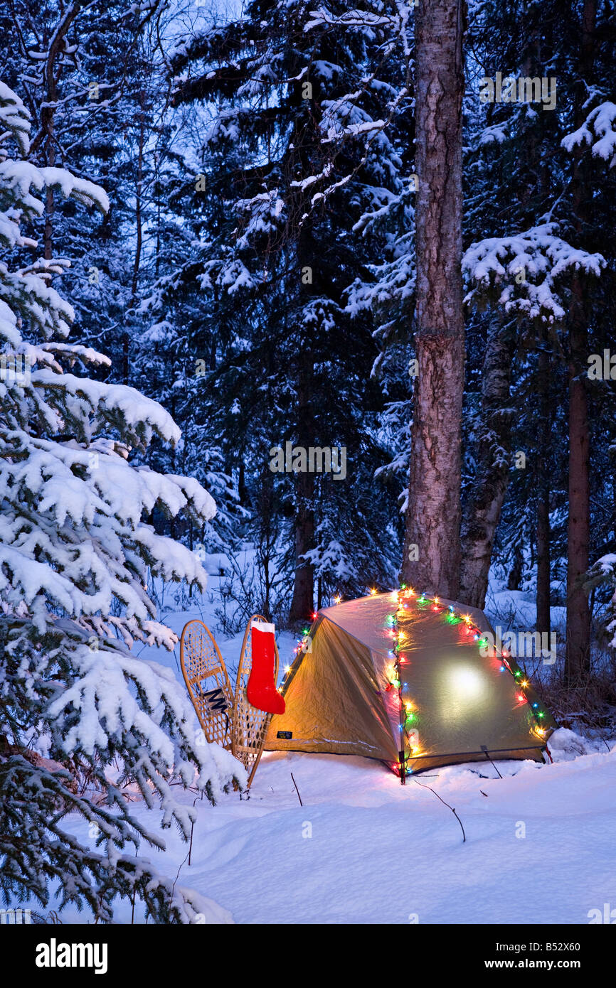 Ein Zelt ist im Wald mit Weihnachtsbeleuchtung und Lagerung in der Nähe von  Anchorage, Alaska Stockfotografie - Alamy