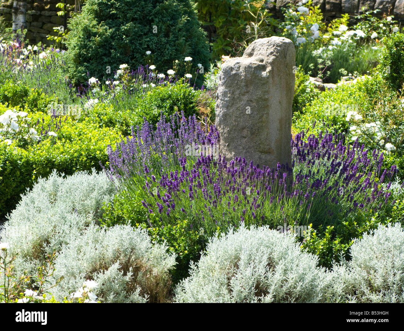 Stein Garten Ornament mit französischen Lavendel Stockfoto