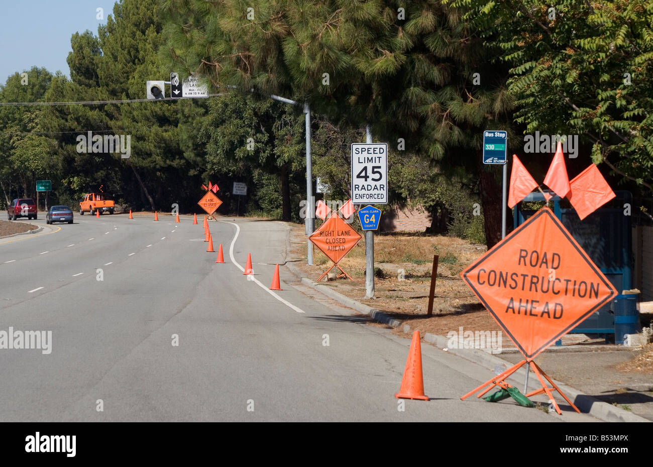 Straßenbau, Schilder auf San Tomas Expressway in San Jose Kalifornien USA Stockfoto