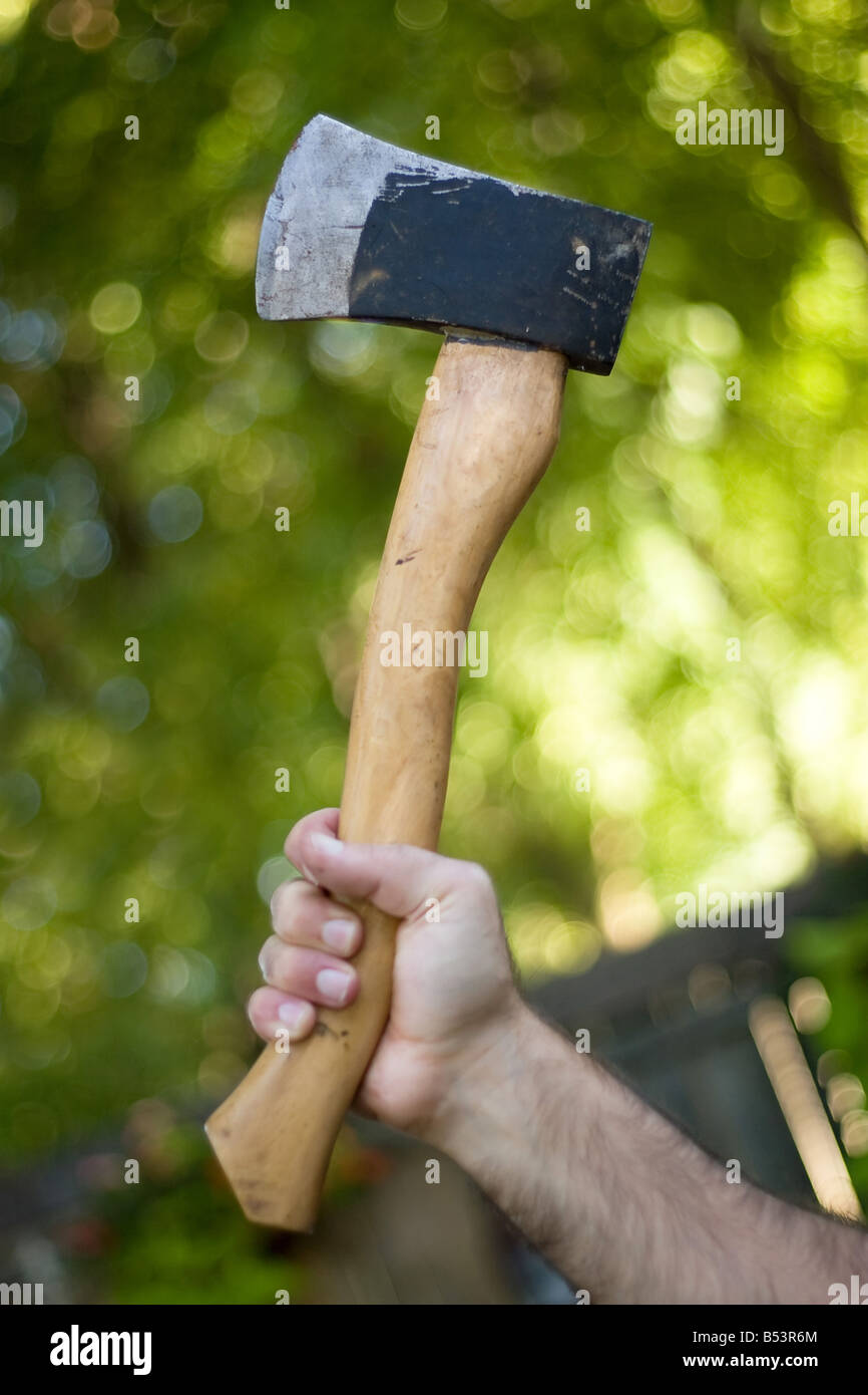 Ein Mann hielt sich an einem kleinen Beil benutzt, um Holz zu hacken Stockfoto Ein Mann hielt sich an einem kleinen Beil benutzt, um Holz zu hacken Stockfoto