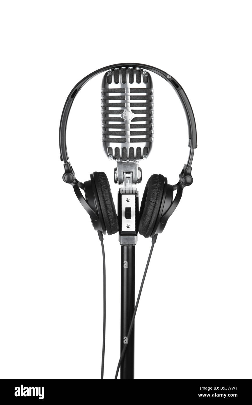 Kopfhörer und Mikrofon Ausschnitt isoliert auf weißem Hintergrund Stockfoto