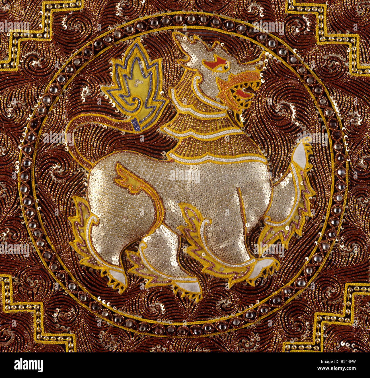 Burmesische Handwerk Sequinned Mandalay Wandteppich Detail aus Burma Myanmar Stockfoto