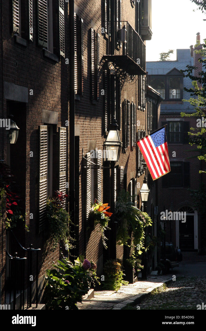 Historische gepflasterten Straße in Beacon Hill Boston Massachusetts, USA Stockfoto
