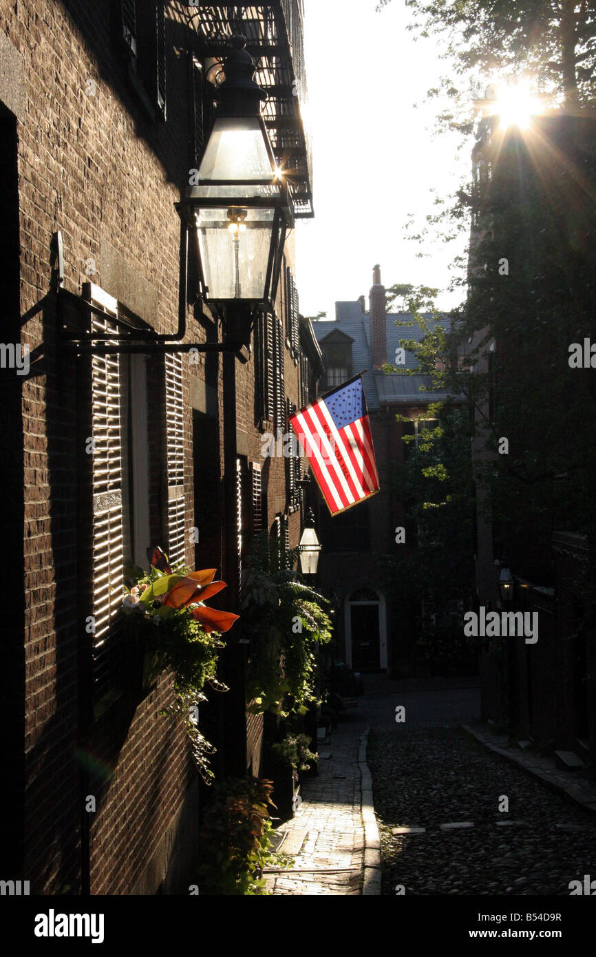 Historische gepflasterten Straße in Boston, Massachusetts Beacon Hill Stockfoto