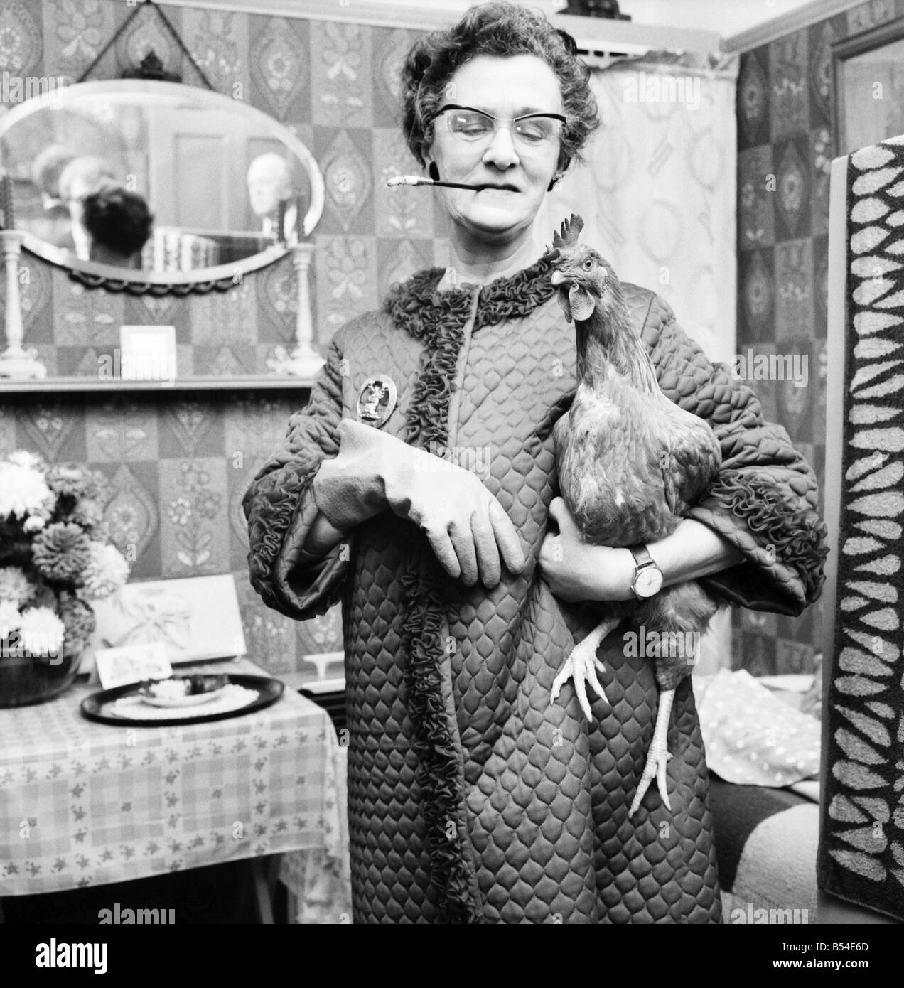 Personen: Humor: Frauen: Frau zu Hause ein Huhn in einer Hand halten und Rauchen eine Zigarette mit dem anderen. November 1969 Stockfoto