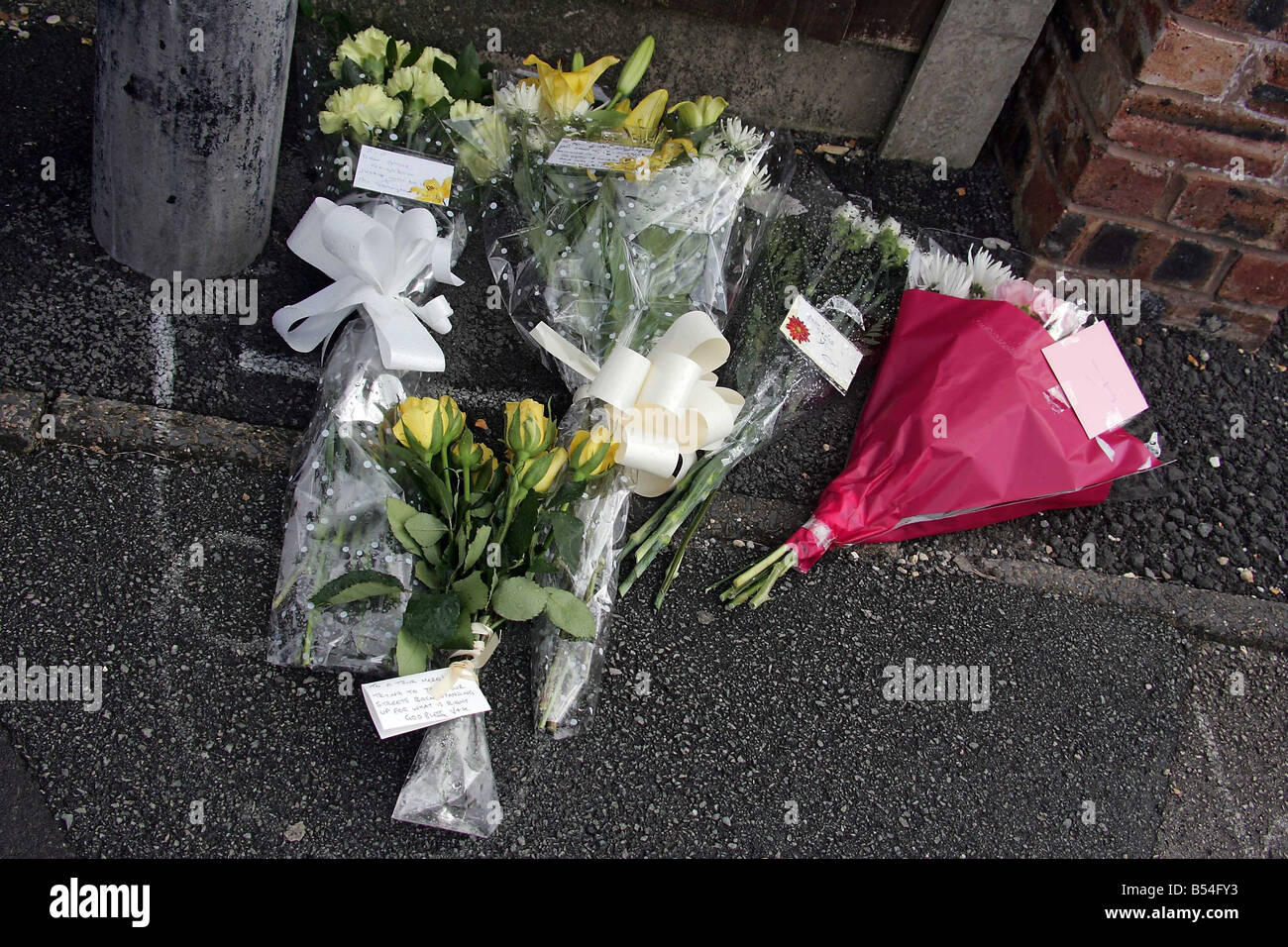 Tatort-Station Road Padgate Warrington wo 47 Jahr alt Garry Newlove zusammengeschlagen wurde, vor seinem Haus nach einer Auseinandersetzung mit einer Bande von Jugendlichen, die er später an seinen Verletzungen starb hier einige Blumen abgebildet gelegt vor seinem Haus Stockfoto
